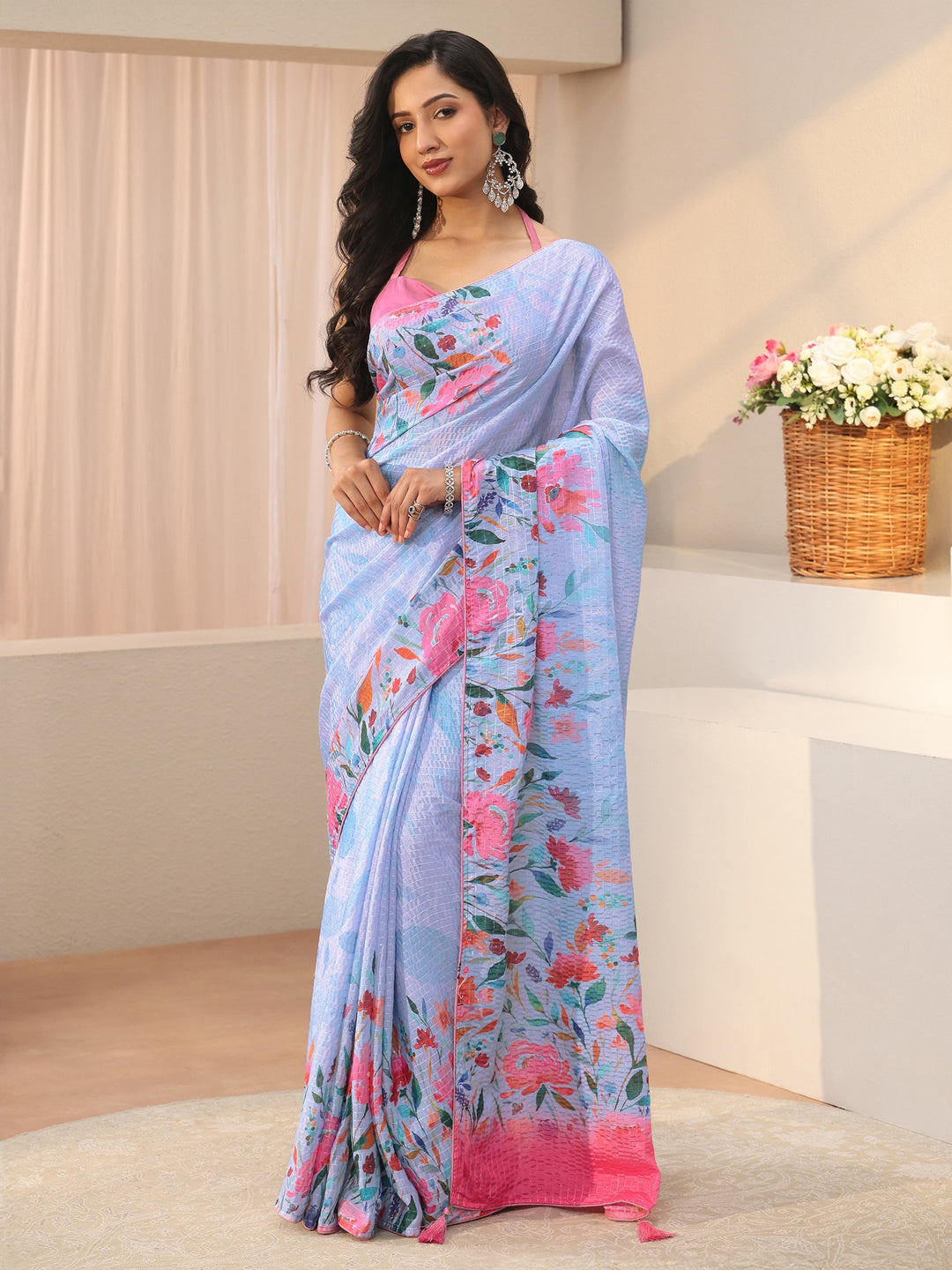 Blue Floral Printed Silk Blend Saree