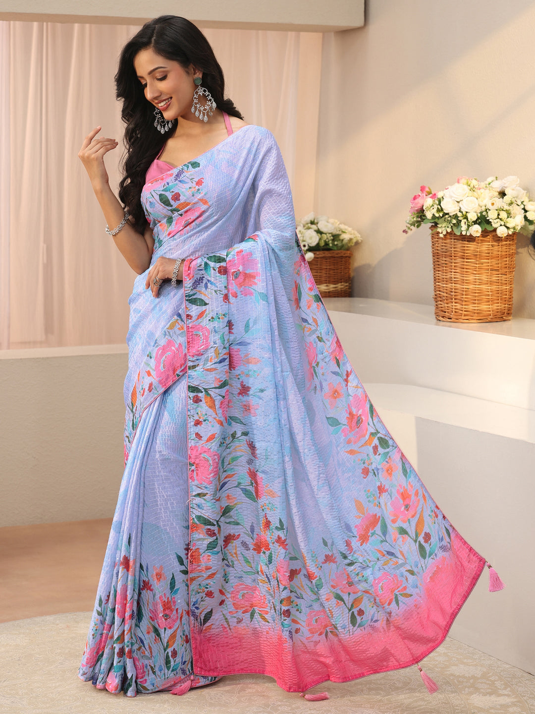 Blue Floral Printed Silk Blend Saree