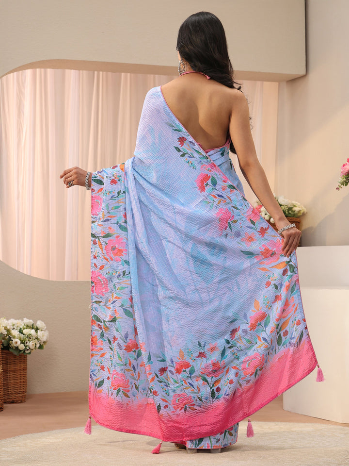 Blue Floral Printed Silk Blend Saree