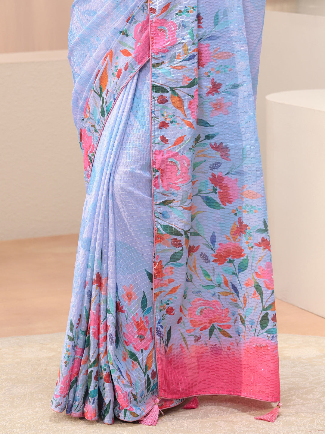 Blue Floral Printed Silk Blend Saree