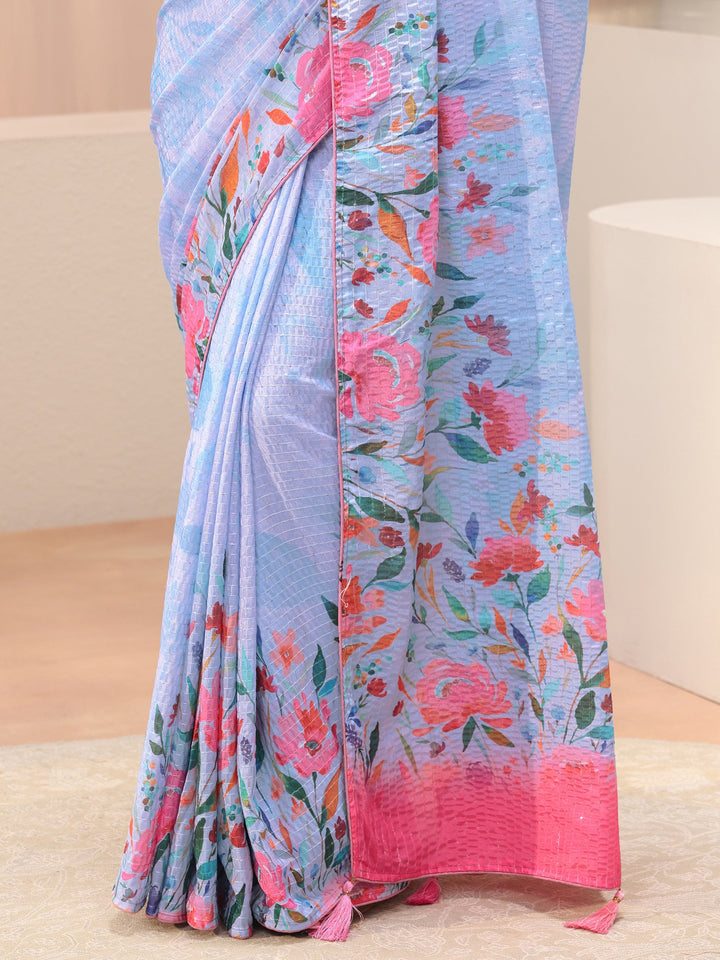 Blue Floral Printed Silk Blend Saree