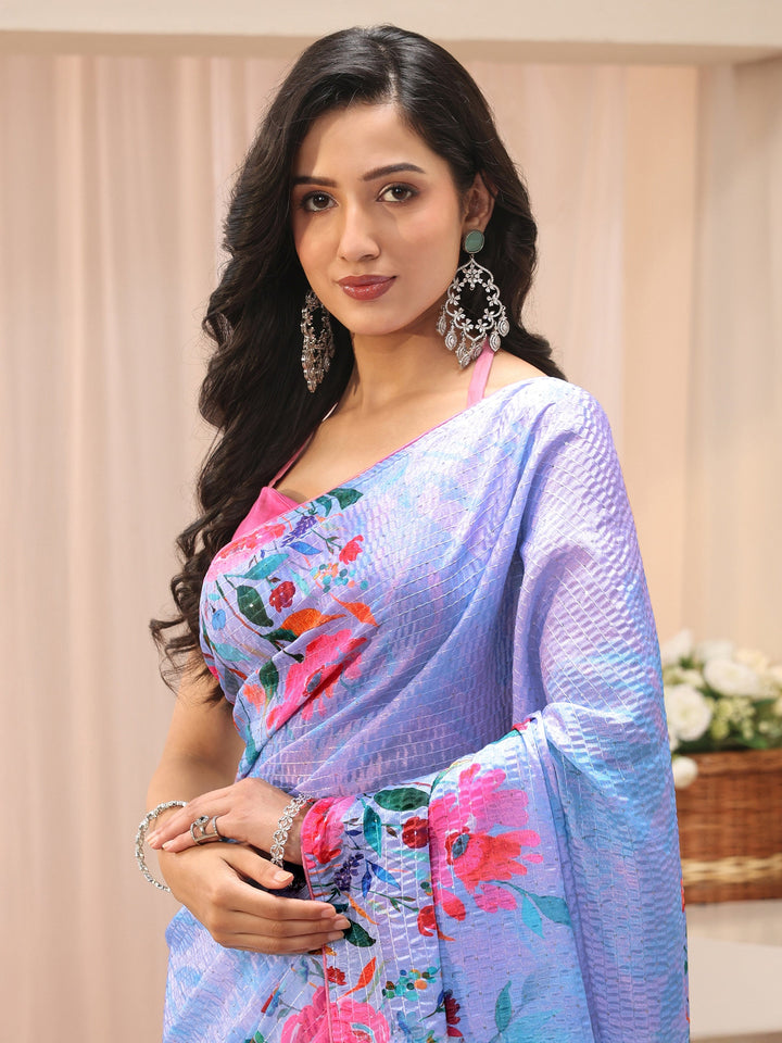 Blue Floral Printed Silk Blend Saree