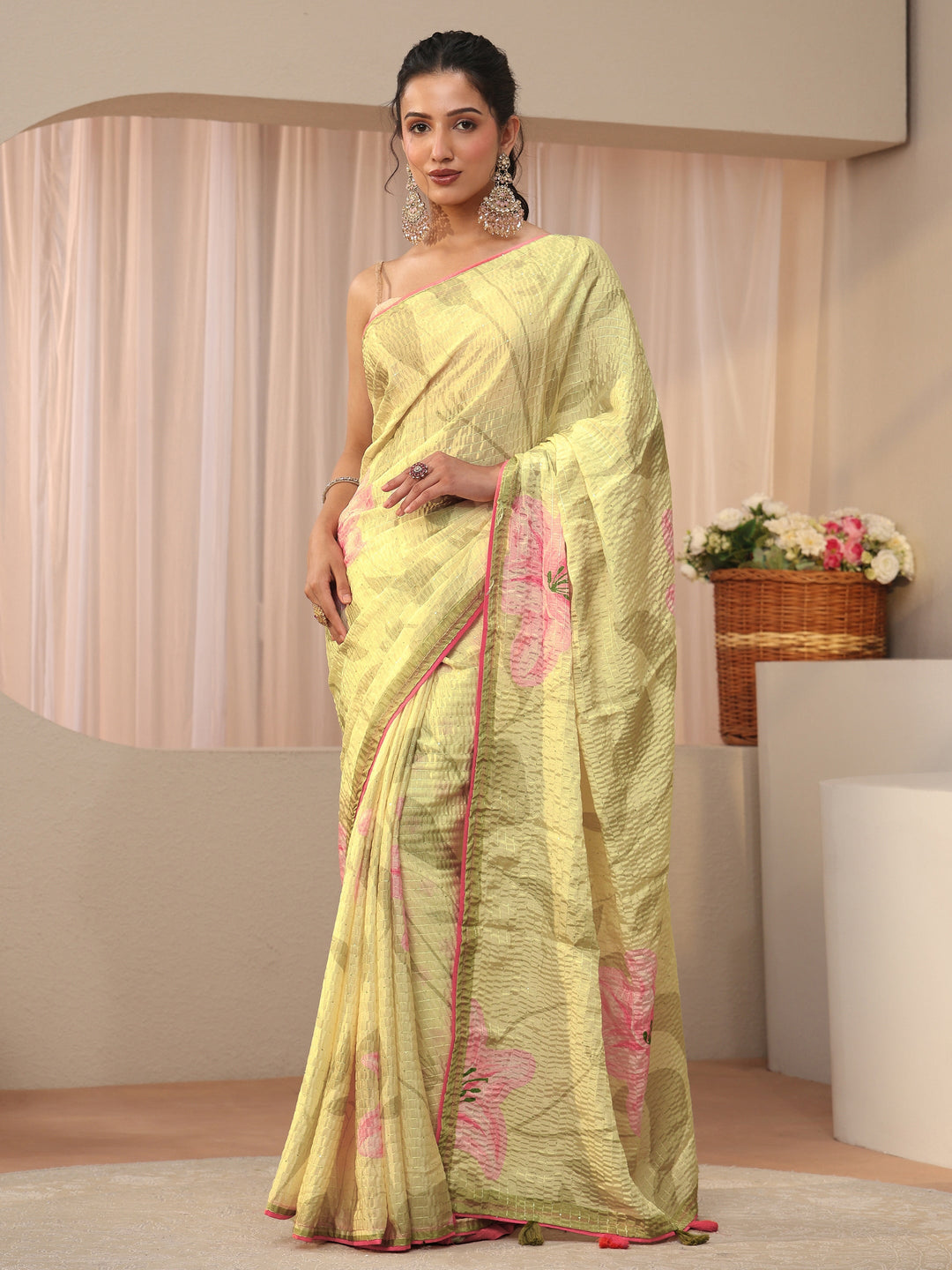 Green Floral Printed Silk Blend Saree