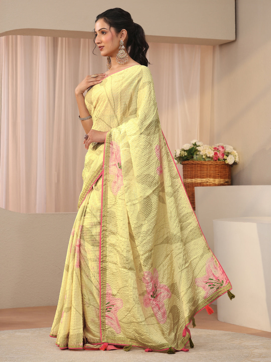 Green Floral Printed Silk Blend Saree