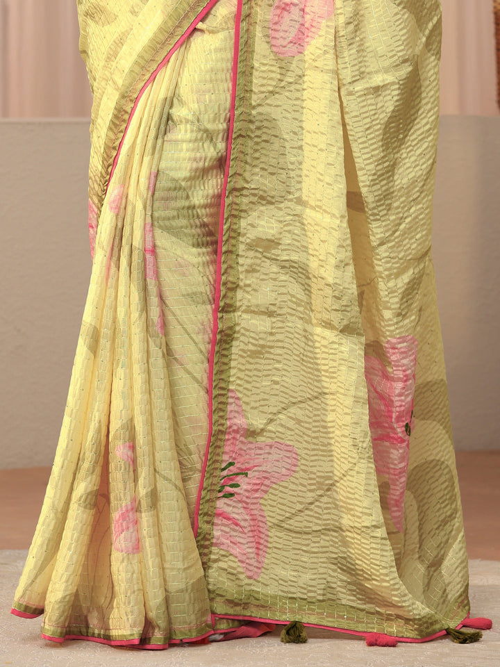 Green Floral Printed Silk Blend Saree