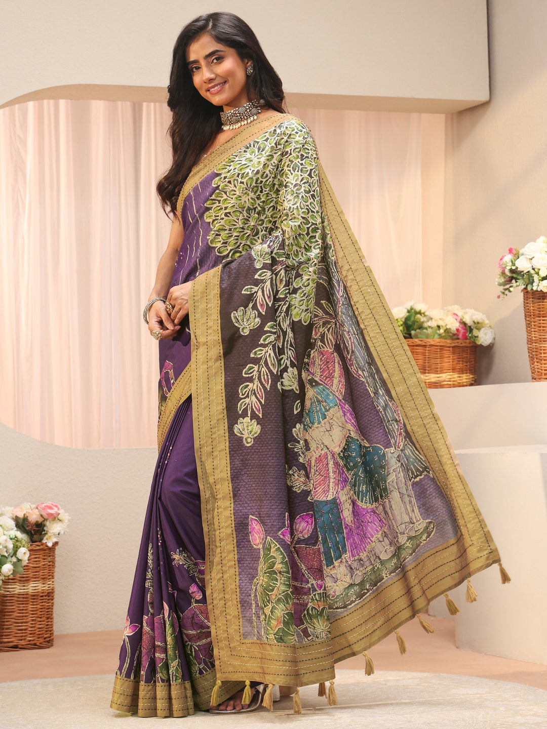 Purple Floral Printed Cotton Saree