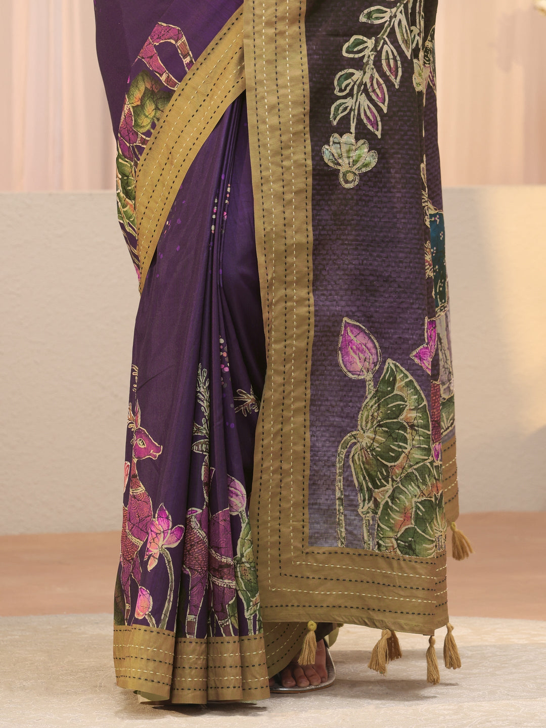 Purple Floral Printed Cotton Saree
