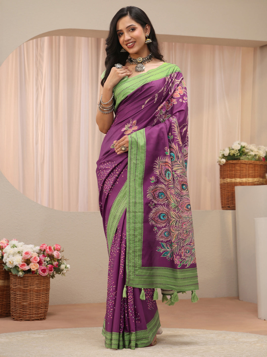 Burgundy Floral Printed Cotton Blend Saree