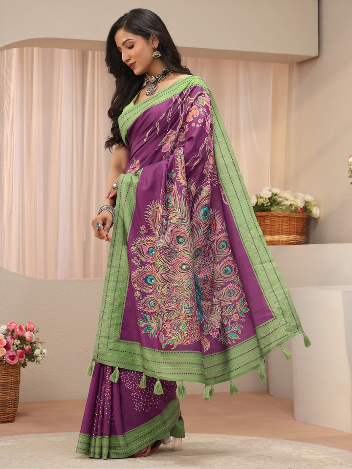 Burgundy Floral Printed Cotton Blend Saree
