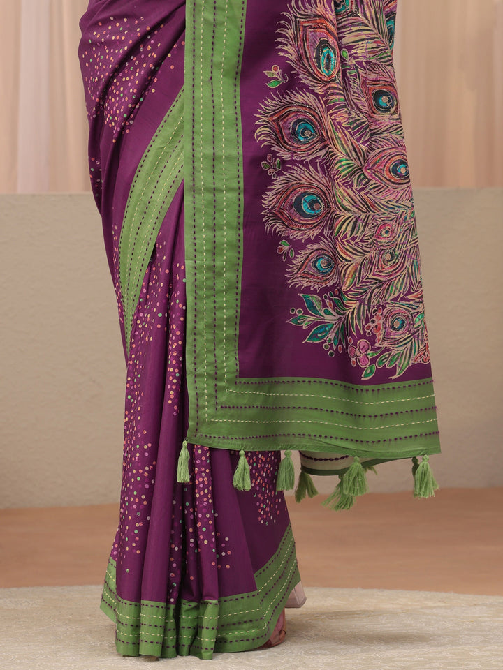 Burgundy Floral Printed Cotton Blend Saree