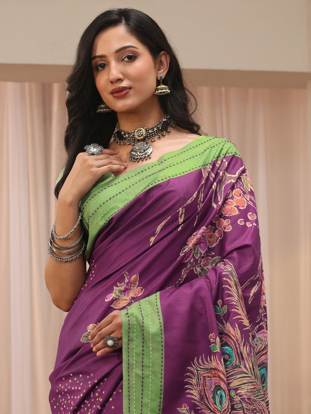 Burgundy Floral Printed Cotton Blend Saree