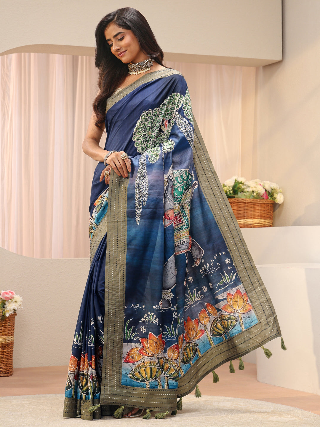 Blue Floral Printed Cotton Blend Saree