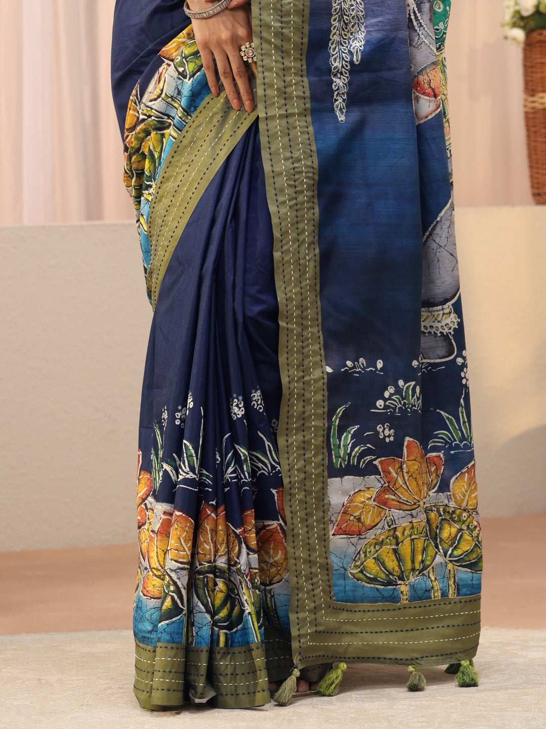 Blue Floral Printed Cotton Blend Saree
