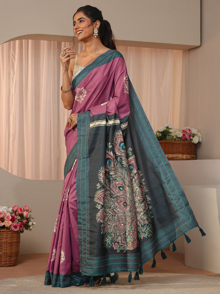 Mauve Floral Printed Cotton Blend Saree