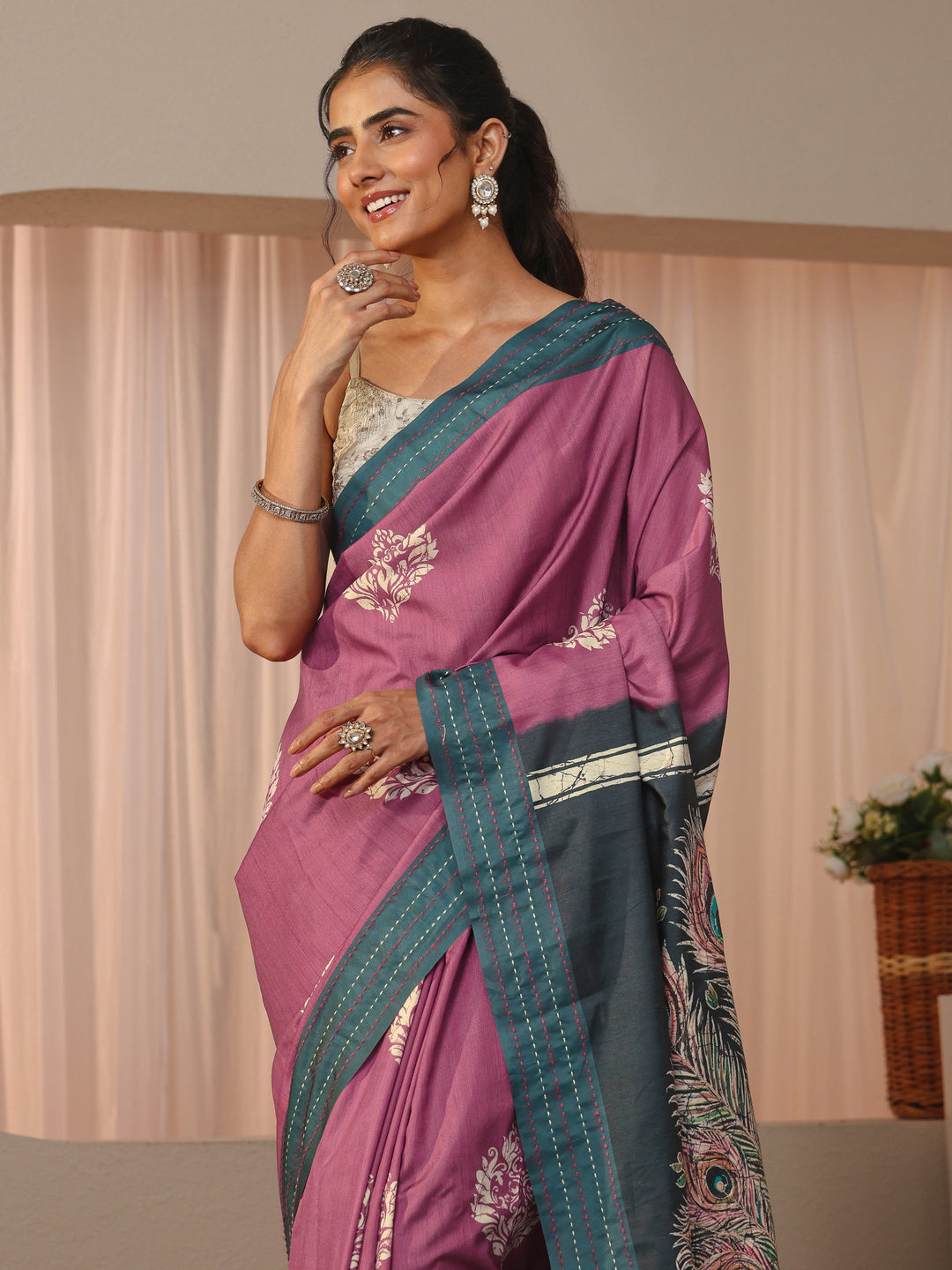 Mauve Floral Printed Cotton Blend Saree