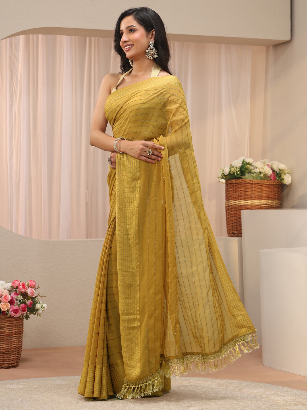 Mustard Striped Embellished Chiffon Saree