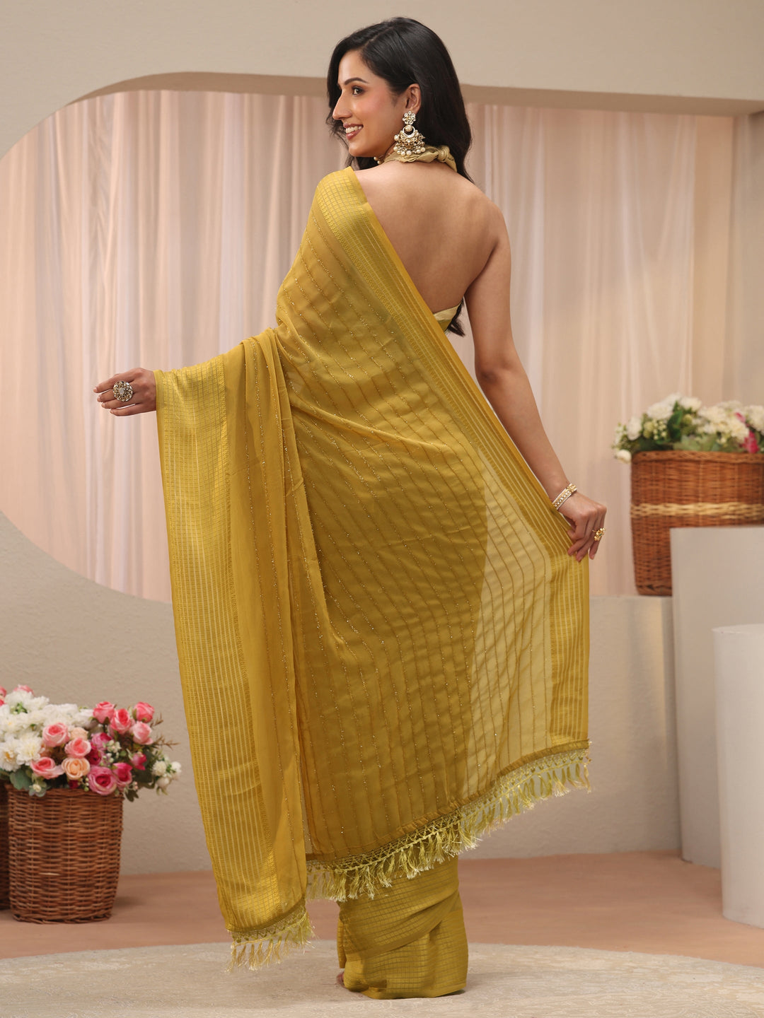 Mustard Striped Embellished Chiffon Saree