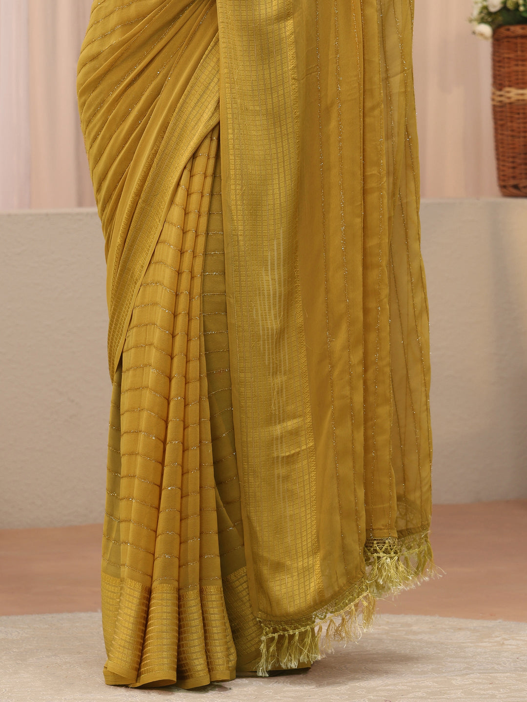 Mustard Striped Embellished Chiffon Saree