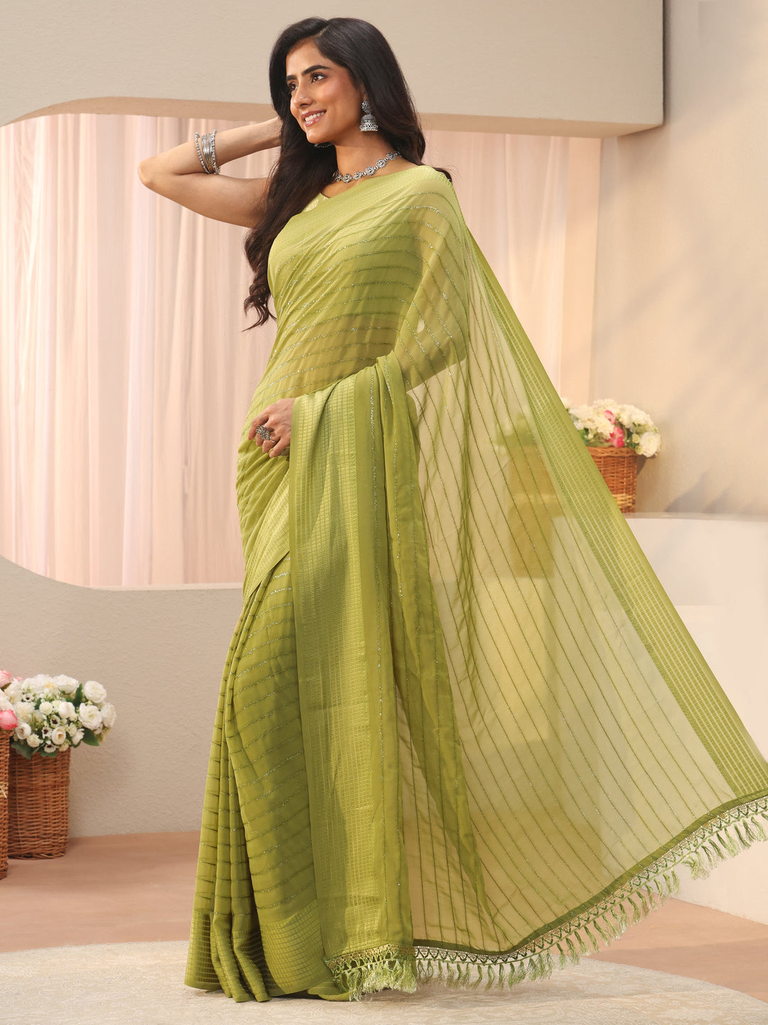 Green Striped Embellished Chiffon Saree