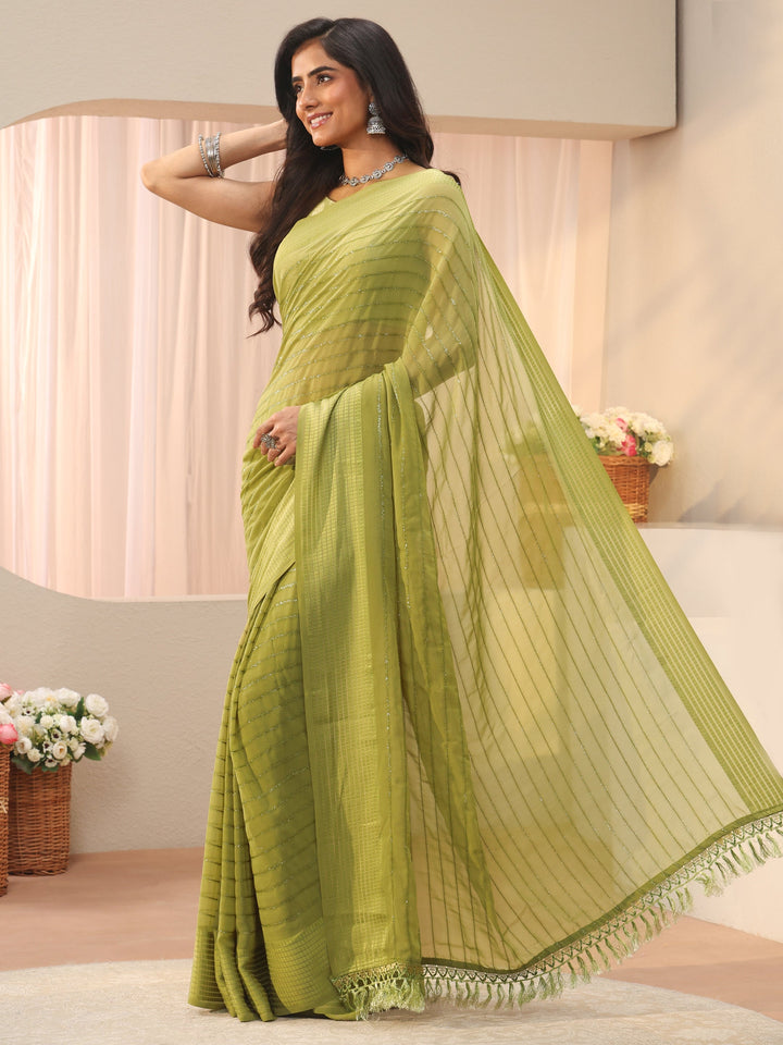 Green Striped Embellished Chiffon Saree
