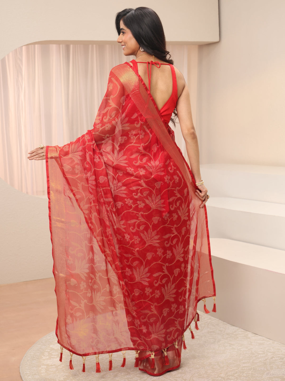 Libas Red Floral Printed Silk Blend Tassel Saree