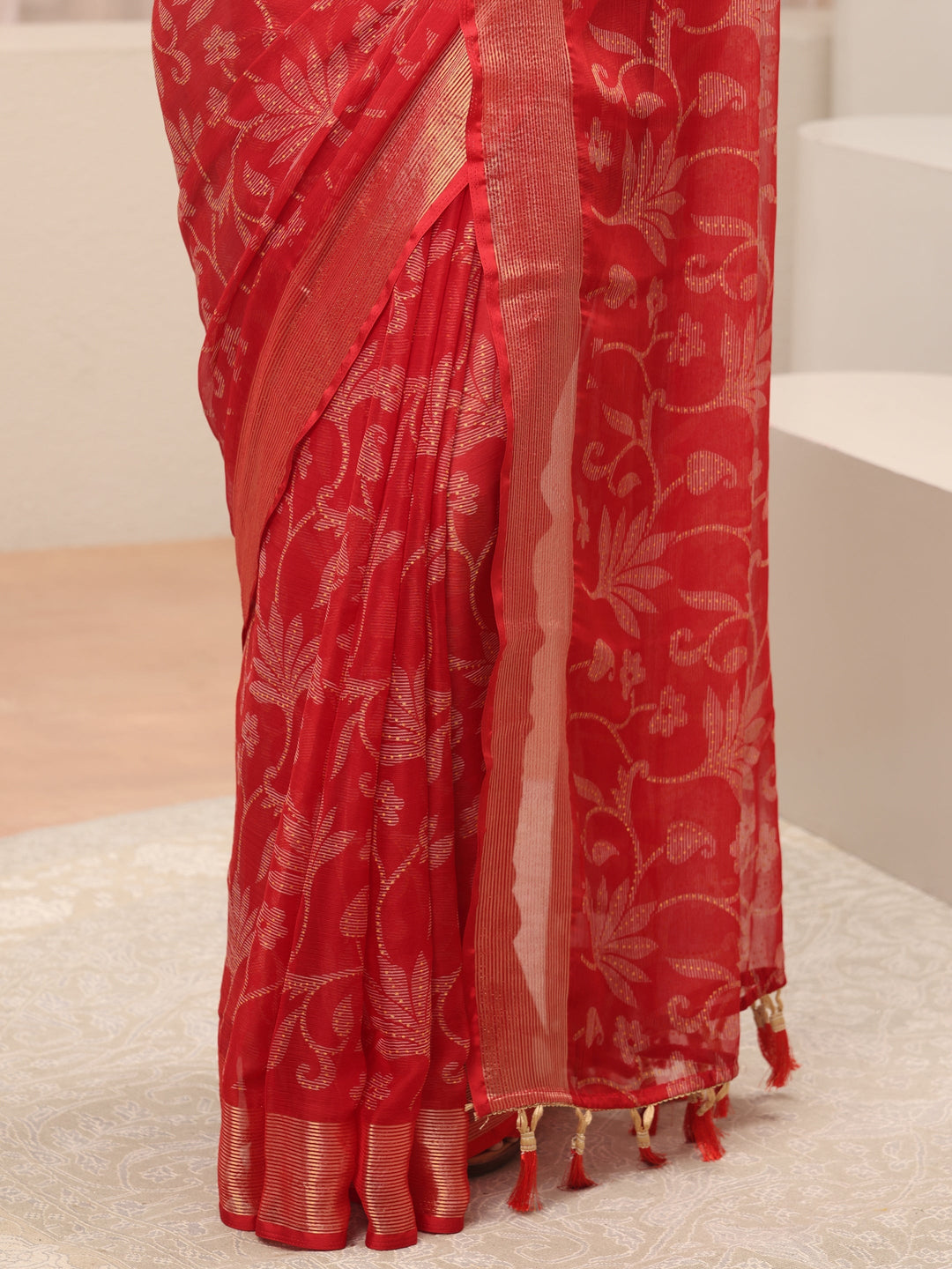 Libas Red Floral Printed Silk Blend Tassel Saree