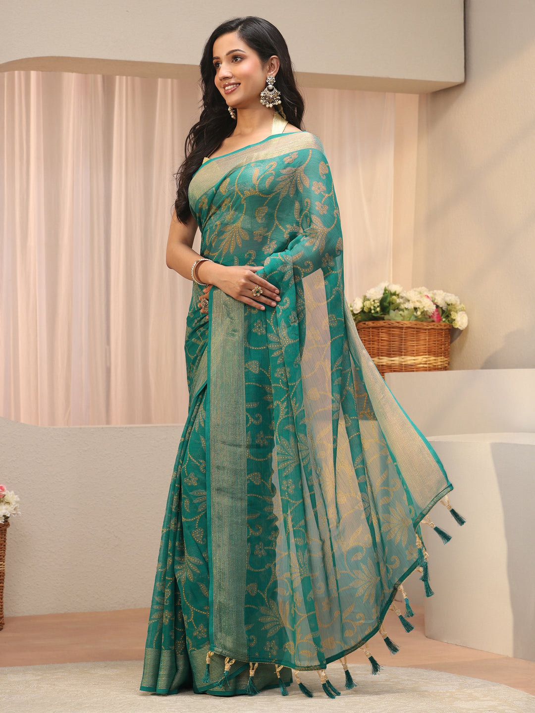 Blue Floral Printed Silk Blend Saree