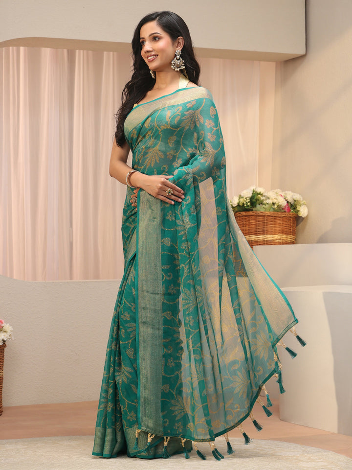 Blue Floral Printed Silk Blend Saree