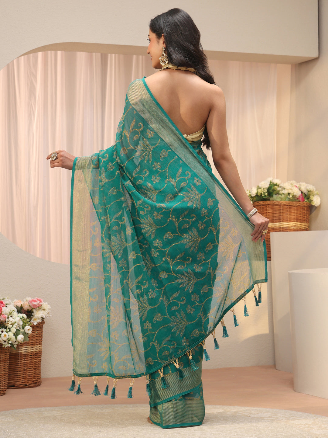 Blue Floral Printed Silk Blend Saree