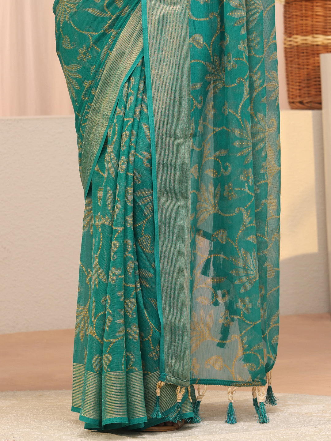Blue Floral Printed Silk Blend Saree