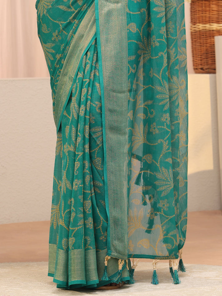 Blue Floral Printed Silk Blend Saree