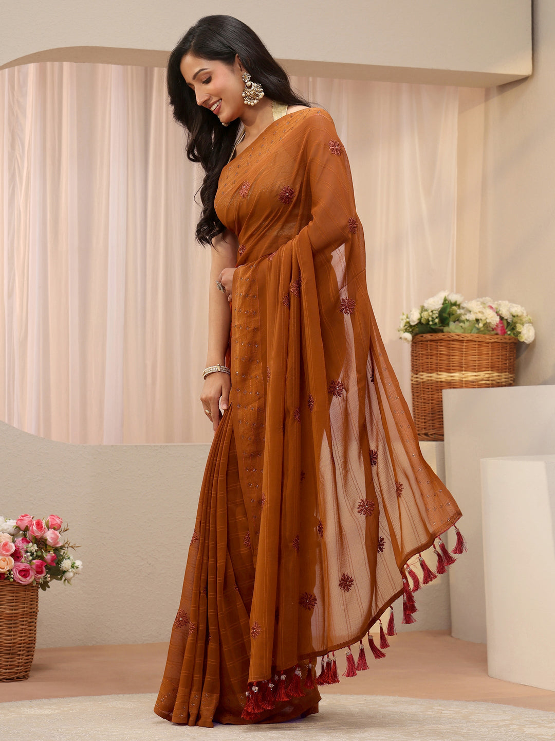 Rust Floral Embroidered Georgette Saree