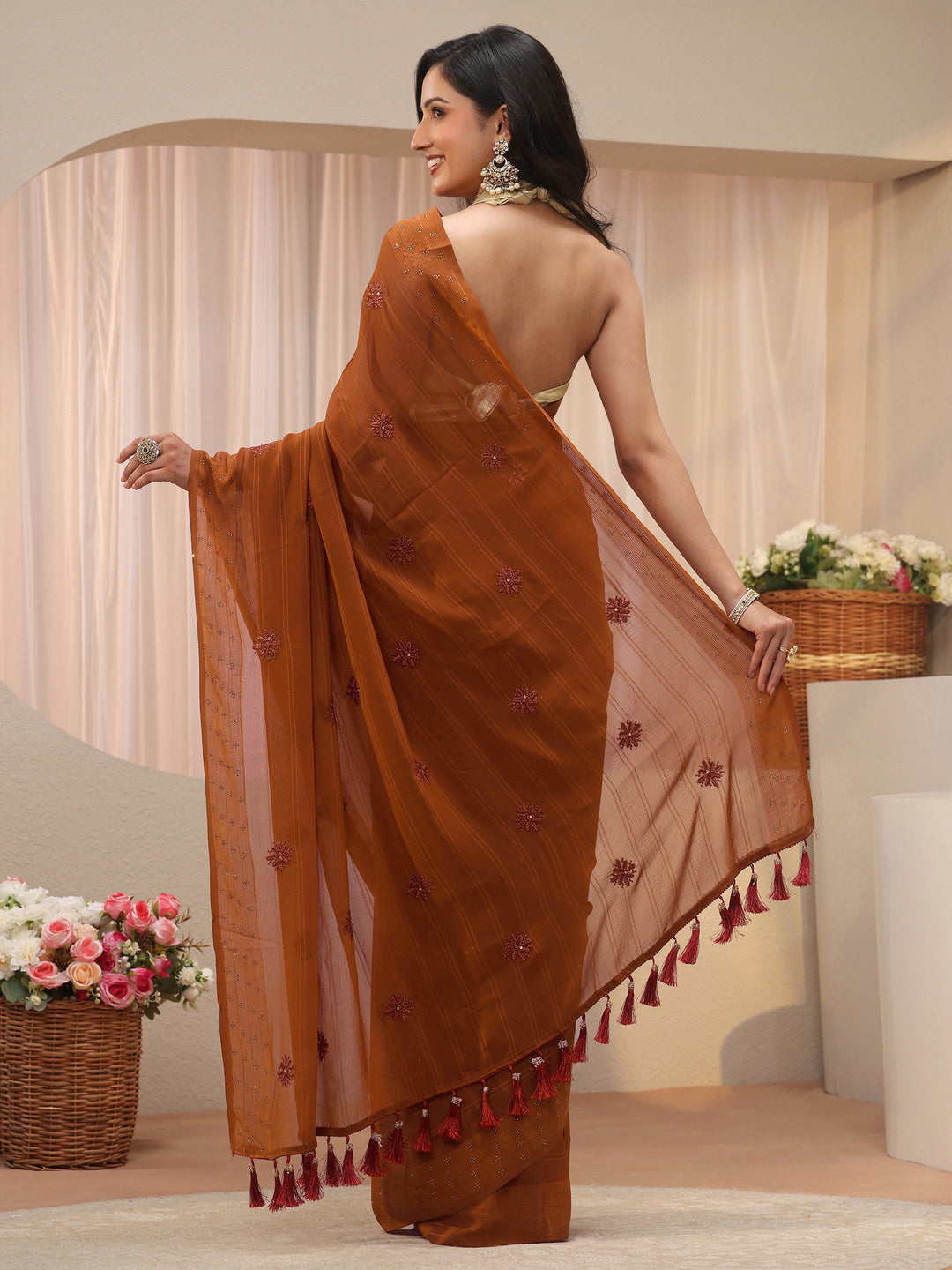 Rust Floral Embroidered Georgette Saree