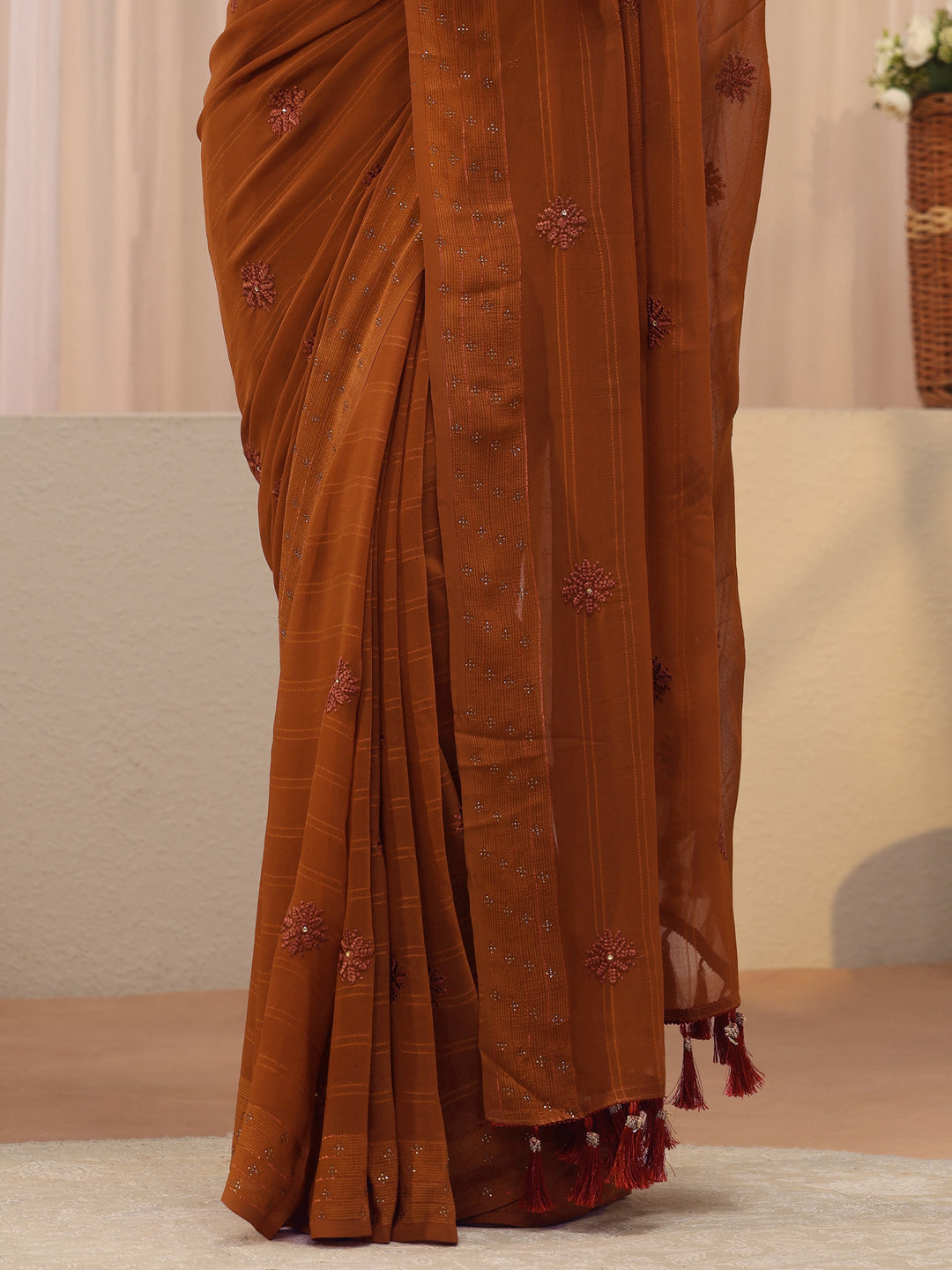 Rust Floral Embroidered Georgette Saree