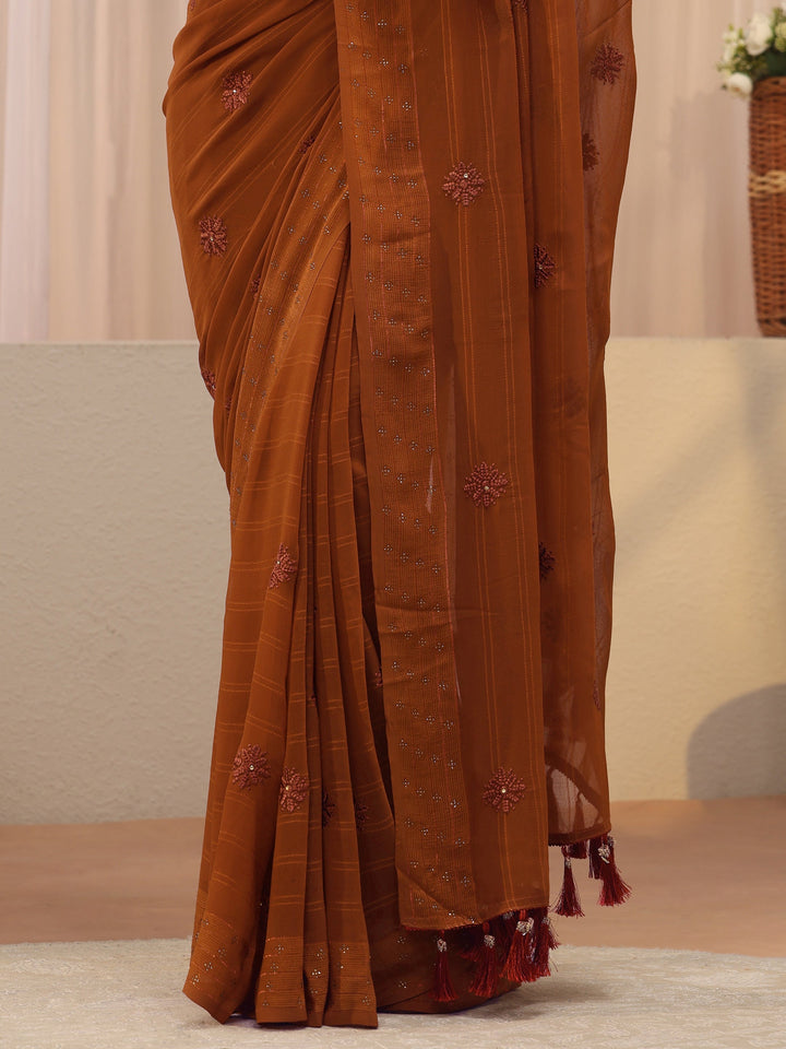 Rust Floral Embroidered Georgette Saree