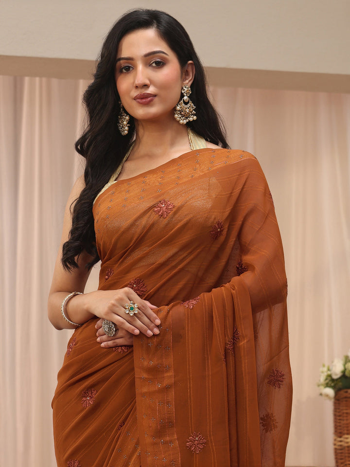 Rust Floral Embroidered Georgette Saree