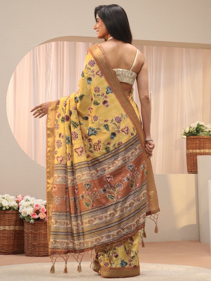 Mustard Floral Printed Silk Blend Saree