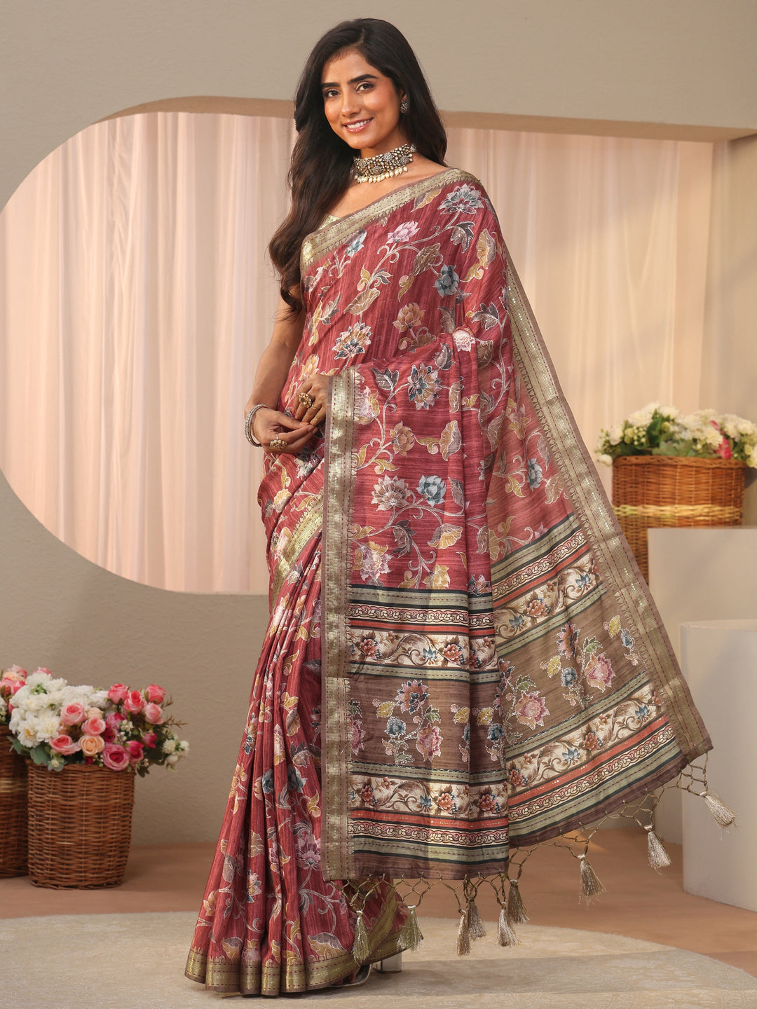 Maroon Floral Printed Silk Blend Tassel Saree