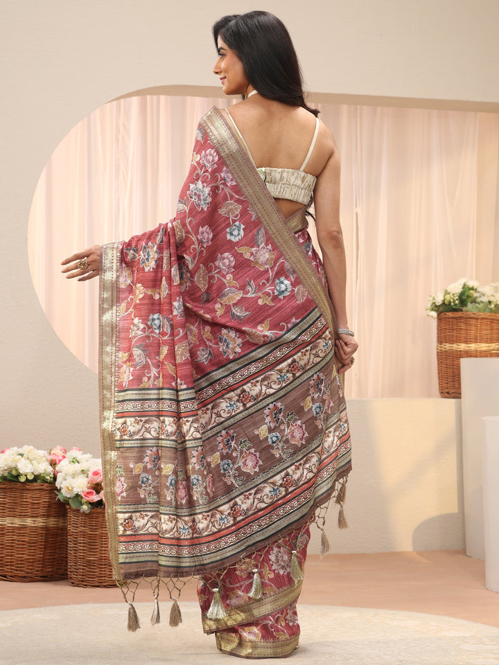 Maroon Floral Printed Silk Blend Tassel Saree