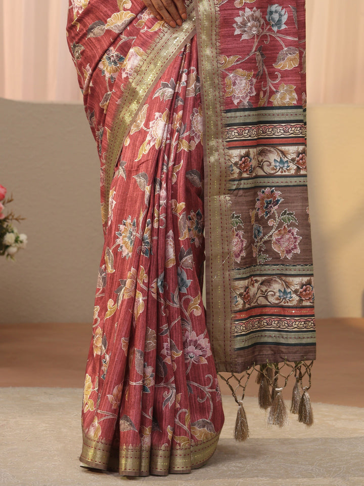 Maroon Floral Printed Silk Blend Tassel Saree