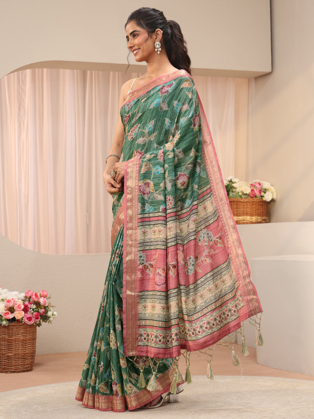 Green Floral Printed Silk Blend Saree