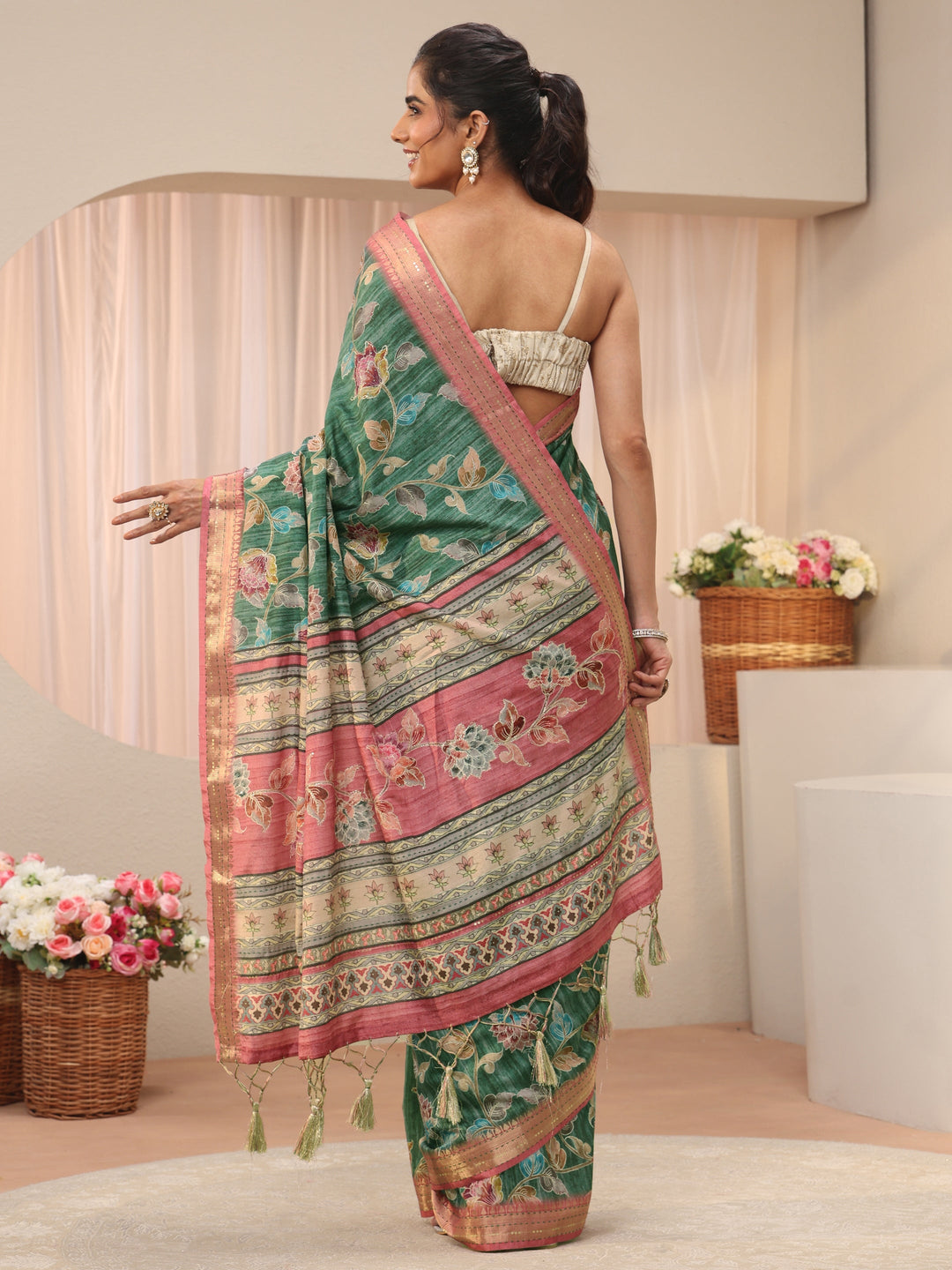 Green Floral Printed Silk Blend Saree