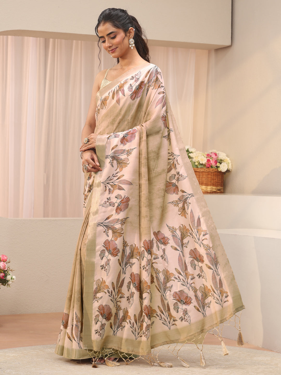 Cream Floral Printed Silk Blend Saree