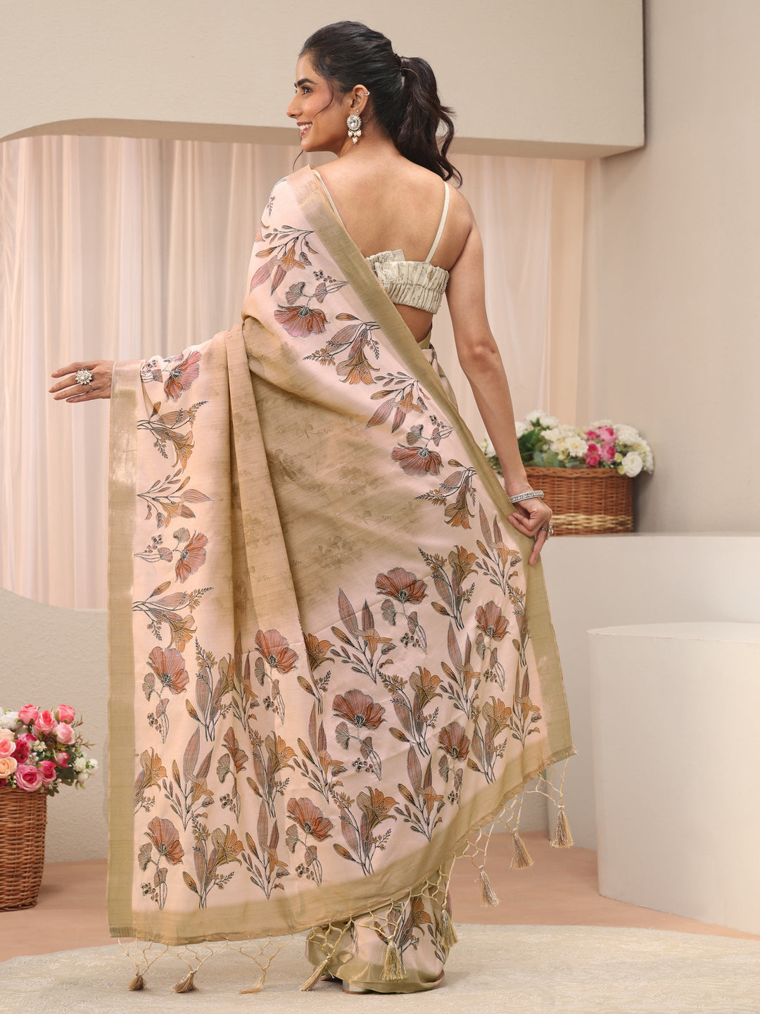 Cream Floral Printed Silk Blend Saree