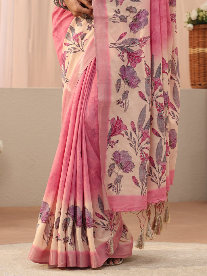 Pink Floral Printed Silk Blend Saree