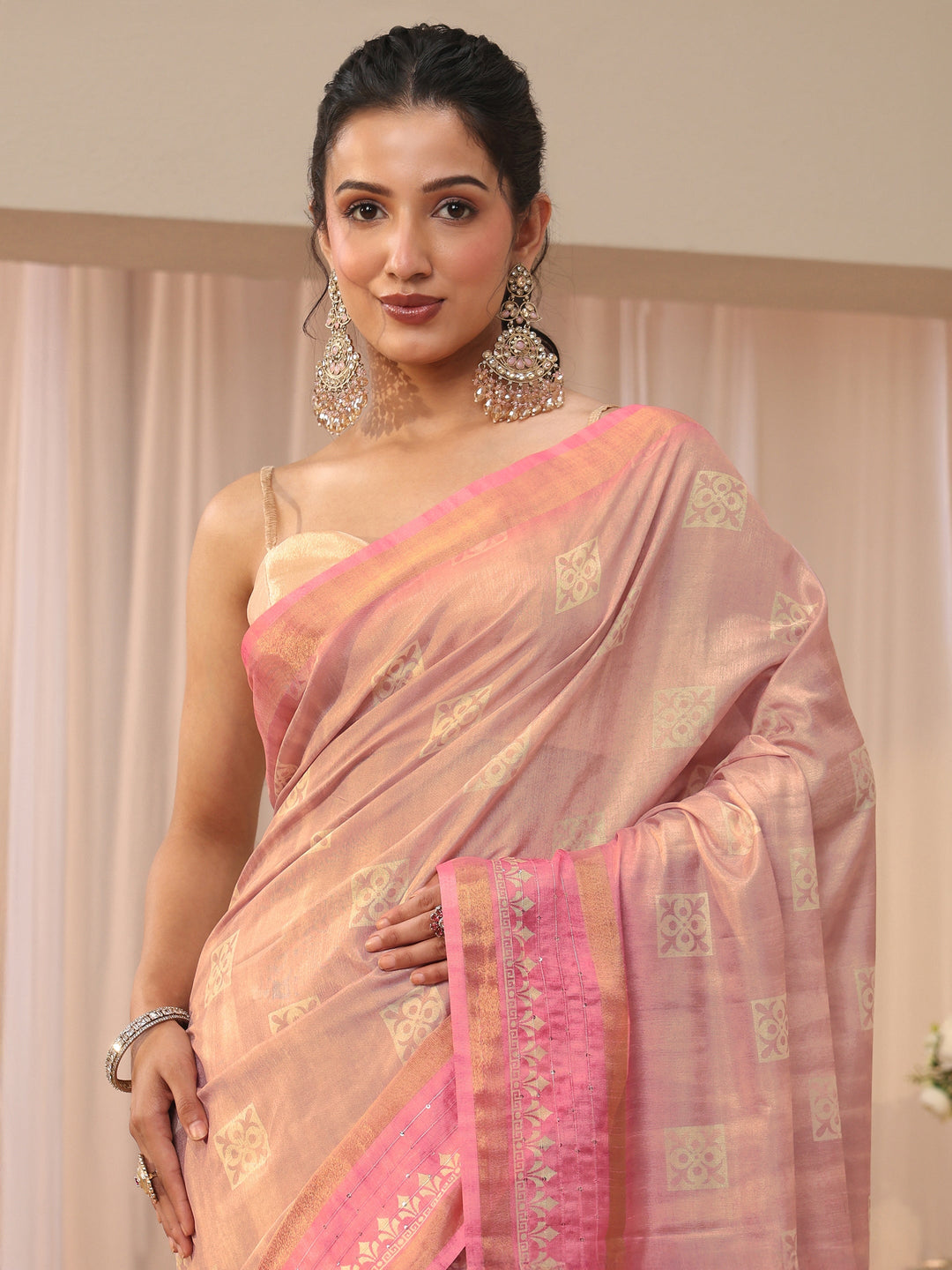Pink Ethnic Motif Printed Silk Blend Saree