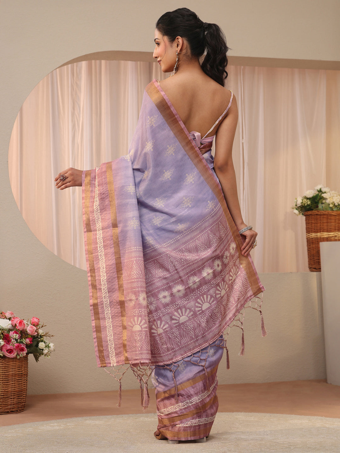 Lavender Ethnic Motif Printed Silk Blend Saree