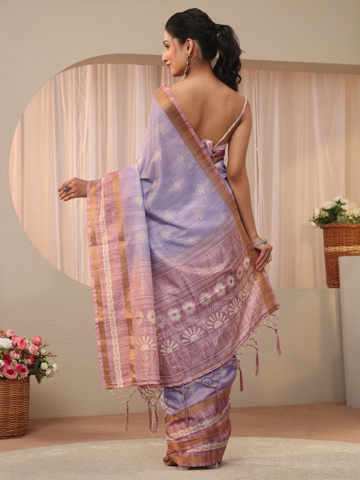 Lavender Ethnic Motif Printed Silk Blend Saree