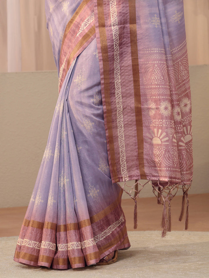 Lavender Ethnic Motif Printed Silk Blend Saree