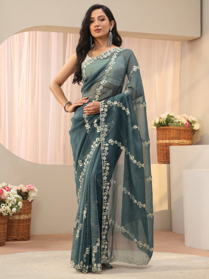 Green Floral Embroidered Tissue Saree